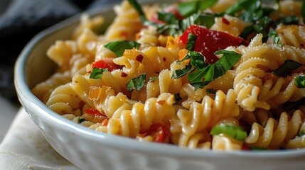 Wall Mural - Delicious pasta with a mix of fresh vegetables, herbs, and spices in a ceramic bowl, ready to serve. Perfect for lunch or dinner.