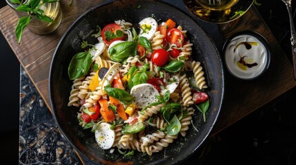 Wall Mural - A vibrant and fresh pasta salad with tomatoes, mozzarella, and basil in a black bowl. A delicious and healthy meal idea.