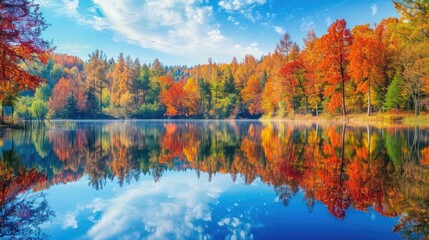 A colorful autumn landscape with vibrant fall foliage reflected in a calm lake