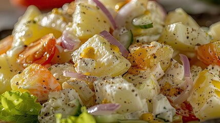 Wall Mural - Close-up of a fresh, colorful potato salad with diced vegetables and herbs, perfect for a summer meal or picnic.