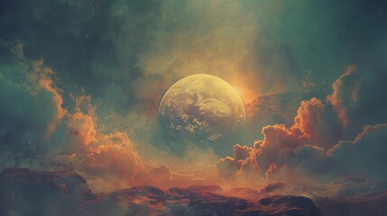 Wall Mural - Aliens Living in Gas Planets' Clouds Illustration, Cosmic Landscape with Deep Space