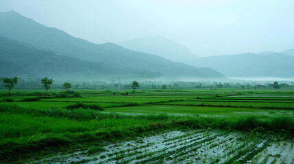 Wall Mural - Rain-Soaked Lush Green Fields with Mountain Backdrop