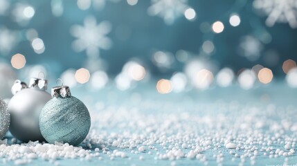 Beautiful blue Christmas background, adorned with glittering snowflakes and radiant Christmas balls, soft ambient lighting, evoking a peaceful holiday spirit