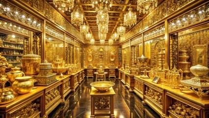 Luxurious gold treasure room filled with shimmering jewels and priceless artifacts, gold, treasure, room, jewels, precious, valuable
