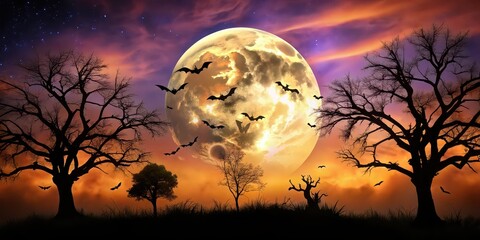 Canvas Print - Spooky Halloween night scene with silhouettes of trees, a full moon, bats, and orange and purple sky, Halloween, spooky