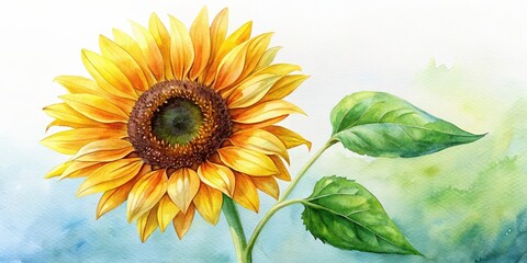 Poster - Watercolor painting of a sunflower with green stem and leaf, sunflower, watercolor, painting, art, botanical, floral, yellow, green