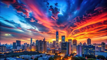 Canvas Print - Cityscape with vibrant red and blue sky , cityscape, buildings, skyline, urban, sunset, colorful, bright, dramatic