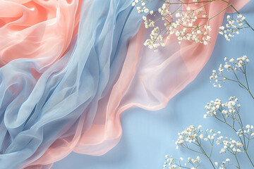 Wall Mural - A pastel blue background with pink fabric and baby's breath flowers on the right side, flat lay composition, top view, copy space for text or logo, pastel color palette, minimalistic style