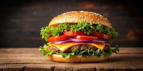 Wall Mural - Delicious fast food hamburger with cheese, meat, tomato, onion, salad, and bread , fast food, hamburger, cheese, food photography