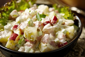 Wall Mural - Close-up of a delicious creamy potato salad with fresh vegetables in a black bowl, perfect for a summer meal or a picnic.