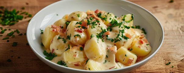 Wall Mural - Delicious potato salad with creamy dressing and fresh herbs in a white bowl, perfect for a summer meal or side dish.