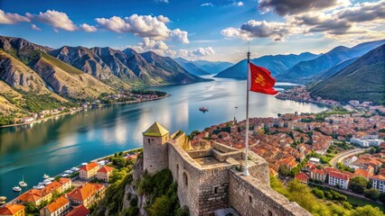 Wall Mural - Beautiful aerial view of Kotor and Bay of Kotor with Montenegro flag waving on ancient fortress wall, Kotor