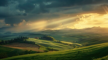  A mesmerizing panorama of rolling hills and farmland under a dramatic sky