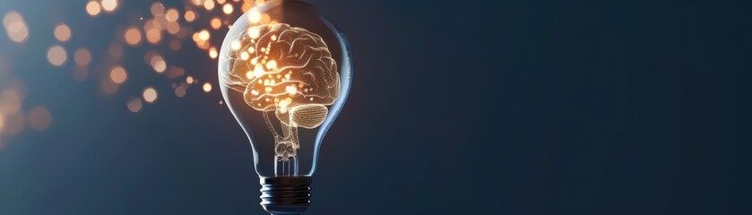 Glowing lightbulb with brain inside, symbolizing innovation, creativity, and new ideas on a dark background with sparks.