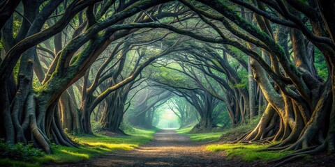 Sticker - Twisted trees forming an archway in a dark forest, twisted, trees, archway, dark, forest, nature, spooky, mysterious, eerie