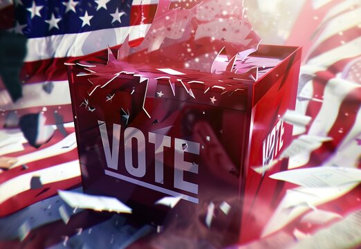 A close-up of an election ballot box exploding with the words 
