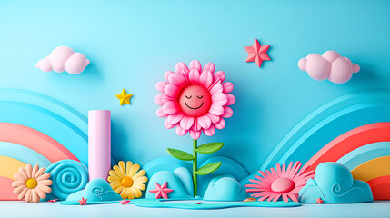 Wall Mural - Colorful, cartoonish scene with a smiling flower, colorful, playful shapes and elements and stars