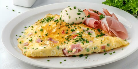 Wall Mural - Delicious Ham and Cheese Omelet Salad on a White Background. Concept Food Photography, Omelet Recipe, Healthy Eating, Culinary Creativity, Simple Ingredients