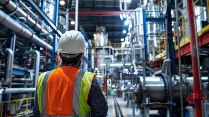 Wall Mural - an industrial worker in a safety vest and helmet supervises the operations in a large, complex manuf