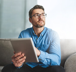Aufkleber - Online, tablet and man with glasses, thinking and ideas of genre in office. Freelancer, digital and screenwriter with story to write for business, website and creative for ebook, couch and person