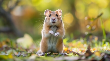 A small brown and white hamster is standing in a grassy field. The hamster is looking at the camera with a curious expression