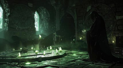 Dark, eerie dungeon with a hooded figure conducting a ritual surrounded by green candles and ancient stone architecture.