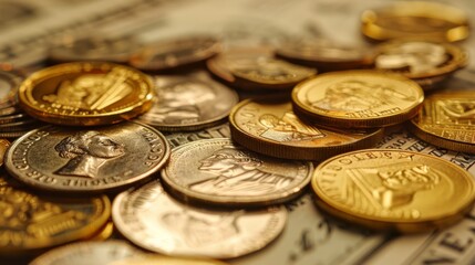 Aufkleber - A close-up of a gold coin collection with a chart in the background showing historical gold price performance.