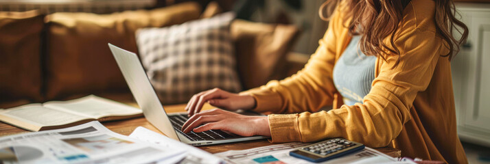 Wall Mural - A woman is sitting at a desk with a laptop and a calculator