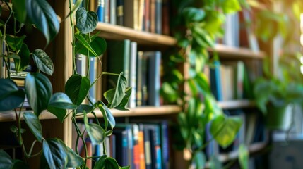 Wall Mural - Blur background of book shelf in library space filled with books and green plants, enhancing a serene reading environment