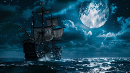 flying dutchman pirate ship. sailing pirate ship on the high seas in the night.