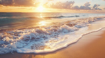 A serene beach at sunrise with gentle waves and golden light