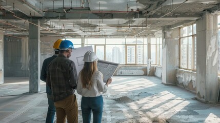 Group of professionals meeting with an architect in an empty office space, discussing blueprints and renovation plans for a new business headquarters