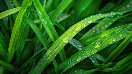 Poster - closeup of lush green grass blades morning dew drops soft bokeh vibrant nature texture fresh spring feeling