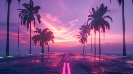 Wall Mural - Neon Sunset on Palm Tree Lined Road