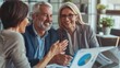 © bajita111122 - Middle-aged couple discussing their retirement plans with a financial advisor in a modern office, surrounded by charts and documents, smiles and attentive expressions