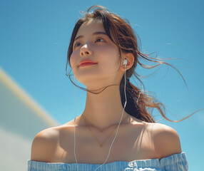 Canvas Print - portrait of a girl Wearing a white suspender dress in summer sky