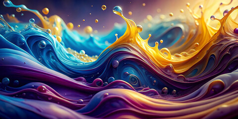 Poster - Vibrant, intertwining waves of blue, yellow, and purple create a dynamic and immersive visual experience. The scene is dotted with floating spheres, adding a sense of motion and dimension.AI generated