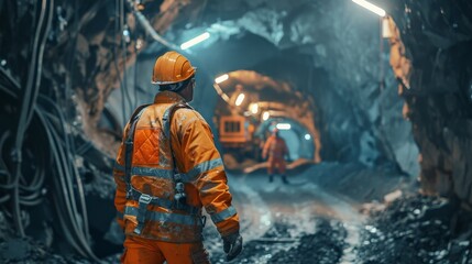 Underground mine worker wearing hard hat and safety vest with lamp on his helmet looking at large mining machine