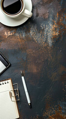 Wall Mural - Top view flat lay photo banner mockup of office working desk with laptop computer note book and pens with space for text editing in rustic wooden table top background    