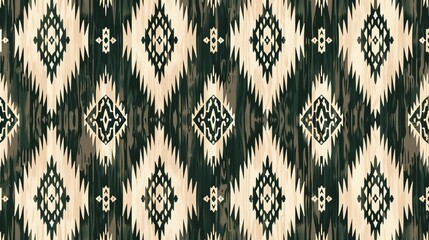 Ethnic ikat seamless pattern Woven designs Woven ikat design in dark green and cream on a neutral background