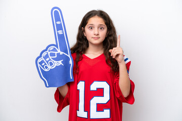 Wall Mural - Little sports fan girl isolated on white background intending to realizes the solution while lifting a finger up