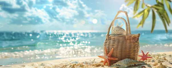 Wall Mural - Beach bag and straw hat on tropical sandy beach