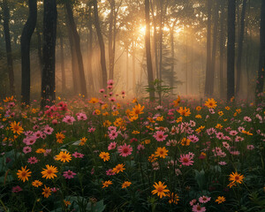 Canvas Print - autumn in the forest with Beautiful flower field