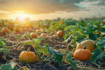 Wall Mural - A plantation teems with big pumpkins, each one swelling to impressive sizes amidst lush foliage, signaling a season of rich, plentiful harvest