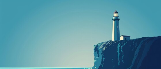 Wall Mural - A lighthouse is on a rocky cliff overlooking the ocean