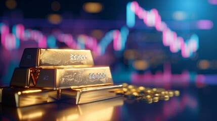 Leinwandbilder - A stack of gold bars with a price chart in the background, symbolizing wealth, investment, and financial stability.