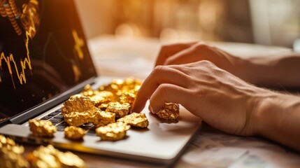Fototapete - An investor checking gold prices and market trends on a laptop, with a focus on making informed trading decisions.