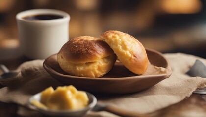 Poster - Typical brazilian cheese bun in a bowl, coffee, jam and butter