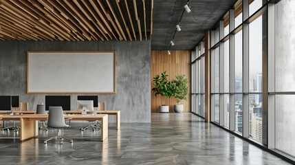 Wall Mural - Front view on blank grey wall in light eco style office with stylish workspaces, modern computers, glossy concrete floor