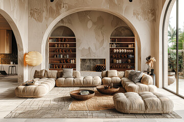 Sticker - A large living room with a fireplace and a lot of books